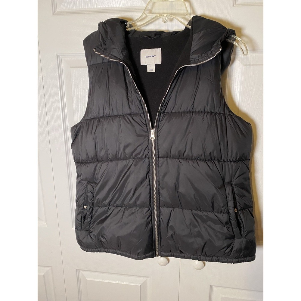 Old Navy Men's Black Quilted Puffer Vest Hooded Full Zip Size L‎